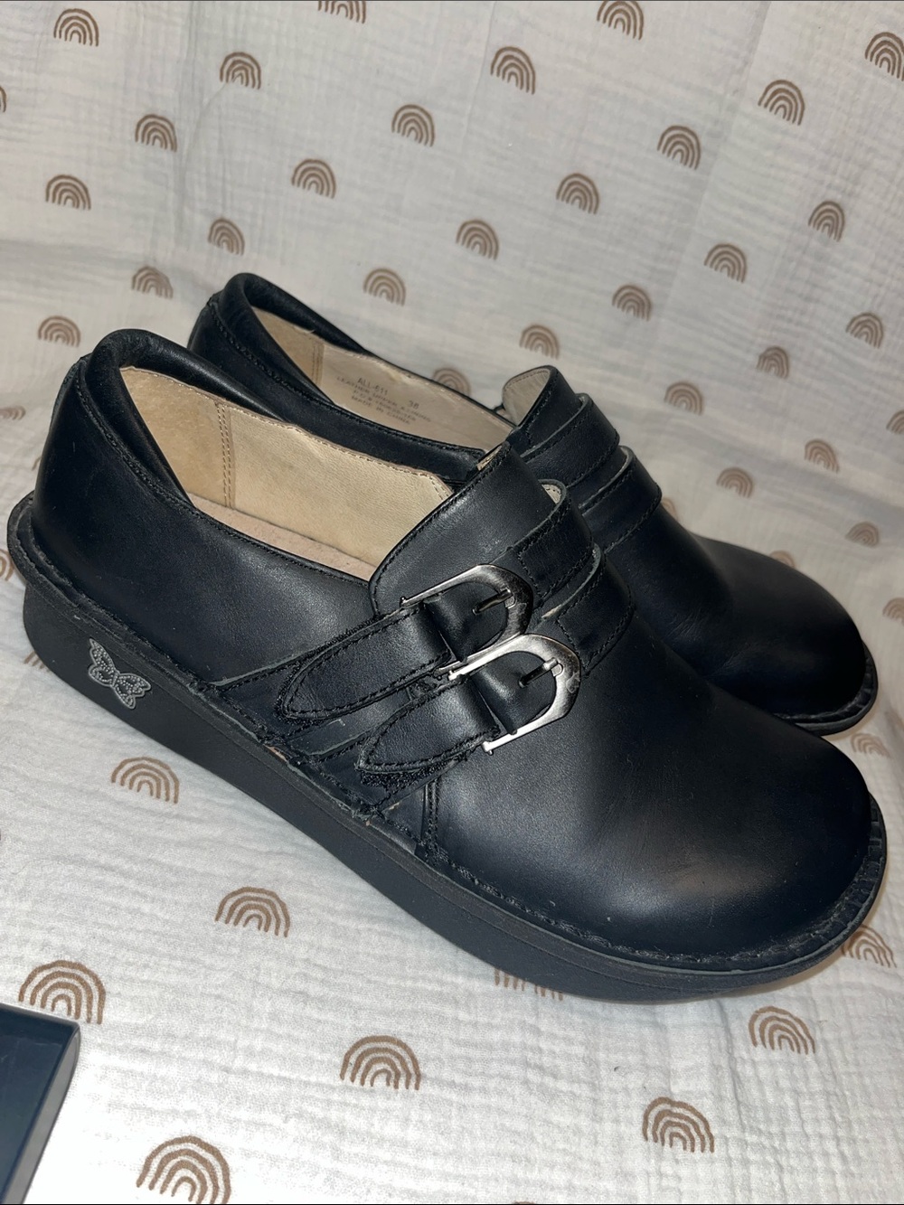 Alegria Black Women’s Leather Slip-On Double Buckle Shoes size 38